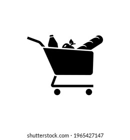 Food cart solid black vector icon isolated on a white background. Icon of a grocery store or supermarket. Shop trolley with products.