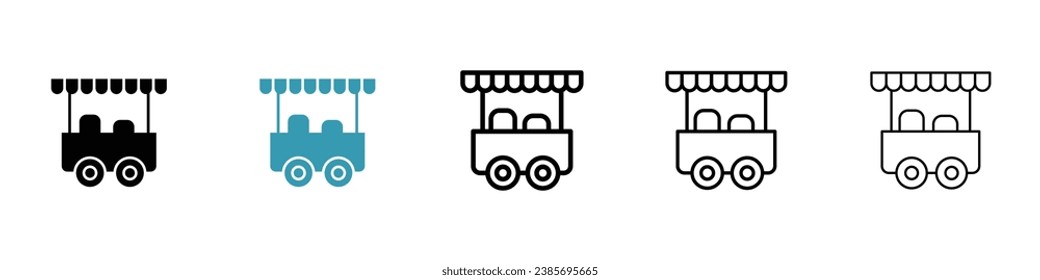 Food cart vector icon set. Street food seller stall symbol. Vendor stand sign in black and white color.