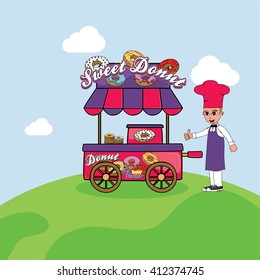 food cart vendor cartoon theme vector art illustration