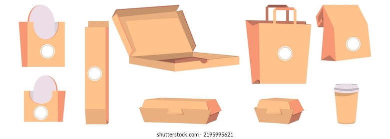 Food carton boxes, bags, cup, takeaway paper packages for fast food cafe meals, rolls, pizza. Vector collection illustration