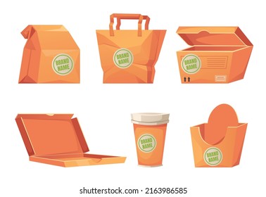 Food Carton Packaging Template Wrap With Brand Name Isolated Set. Vector Flat Graphic Design Illustration