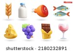 Food cartoon 3d vector icon set. Ear of wheat, milk, meat, fish, cheese, grapes, chocolate, glass of wine