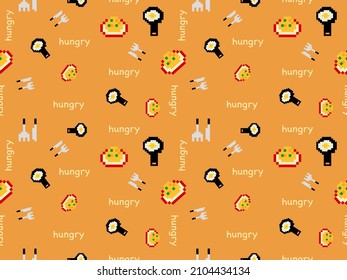 Caricatura de comida sin fisuras en el fondo naranja.Estilo de píxeles
