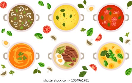 Food cartoon flat icon set isolated on white background. Soup top view