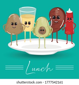 Food cartoon for lunch. Cartoons of a potato, juice glass, avocado, meat steak and ketchup - Vector