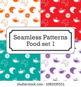 food cartoon patterns set. Seamless vector patterns. Yummy food. Flat style. Wrapping paper, wallpaper, background etc.