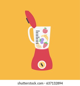 food cartoon processor icon isolated clean. one mixer or kitchen blender flat design style. healthy fruits vector modern simple. apple, strawberry, blueberries, banana & orange or lemon for summer