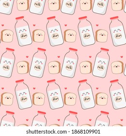 Food cartoon seamless pattern with cute bread and milk bottle on pink background vector illustration.