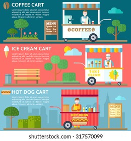 Food carts with sellers. Hot dog shop, ice cream cart, coffee street cart in city. Close up take-out coffee. Vector illustration.