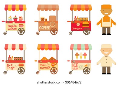Food Carts with Sellers Set Isolated on White Background. Street-Food Market Store Car. Vector Illustration. 
