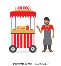 Food Carts with Sellers Vector Illustration Isolated on White Background. Street Food Market Store. Vendor Hot Dogs