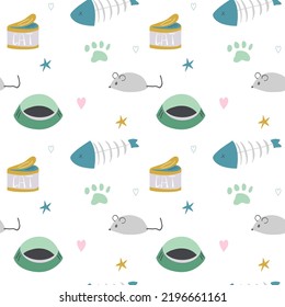 Alimentos para gatos vectoriales dibujados a mano sin fisuras para textiles, impresión, tela, papel de envoltura, papel pintado