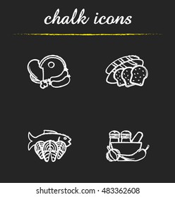 Food categories chalk icons set. Grocery store products. Meat, grains, seafood, spices. Isolated vector chalkboard illustrations