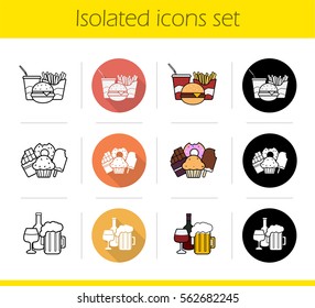 Food categories icons set. Flat design, linear, black and color styles. Fastfood, sweets, alcohol drinks. Isolated vector illustrations