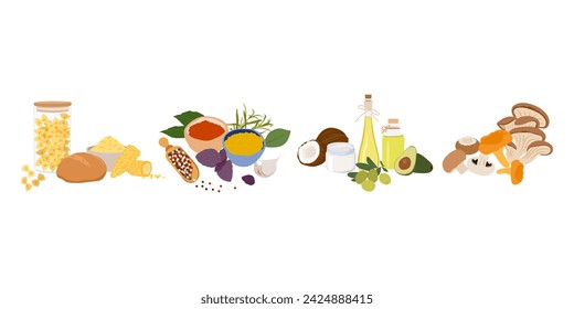 Food category set. Mushrooms, spices, oils, Natural organic nutrition. Fresh vitamin grocery products. Colored flat vector illustration isolated on white background