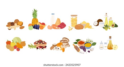 Food category set. Vegetables, fruits, animals, mushrooms, spices, oils, nuts. Natural organic nutrition. Fresh vitamin grocery products. Colored flat vector illustration isolated on white background.