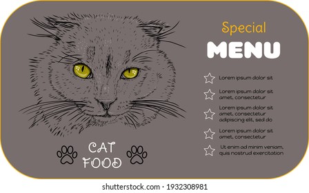Food for cats, label, packaging, outline on an brown background, Template with an inscription. Pets. Fluffy animal. Products for kittens. Place for text