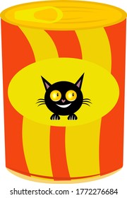 Food for cats a metal tin can with bright patterns and a portrait of a black smiling cat with a nose in the shape of a heart object on a white background concept of pets and grooming