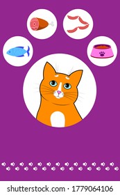 Food for cats and pets. Cat footprint. A cute red cartoon cat with a funny muzzle, face sits and looks at different food. Cat with blue eyes, long mustache, sharp ears. Vector High Quality