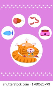 Food for cats and pets. Cat footprint. A cute red cartoon cat with a funny muzzle, face lies on its back and looks at different food. Cat with blue eyes, long mustache, sharp ears. Vector High Quality