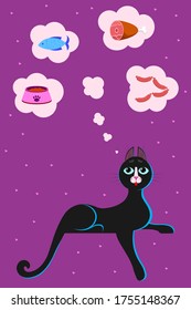 Food for cats and pets. A cute cartoon cat, kitty lies on a flat surface, hanging its paw and thinks, dreams about different delicious foods. Cat with big blue eyes, long mustache, sharp ears. Vector