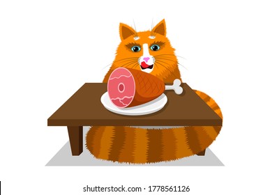 Food for cats and pets. A cute red cartoon cat with a funny muzzle sits at a table licks its lips and look at the ham that lies in front of him on plate. Cat with blue eyes, long mustache, sharp ears