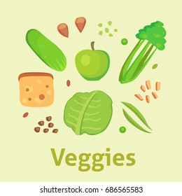 Food cellulose isolated healthy ingredient vegetable diet meal green organic veggies group nutrition health superfood vector illustration
