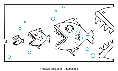 Food Chain, Big Fish Eat And Chase Smaller One, Metaphor To Business Concept In Big Business Win Small Entrepreneur. Outline, Thin Art Line, Linear, Doodle, Cartoon, Hand Drawn Sketch Design.   