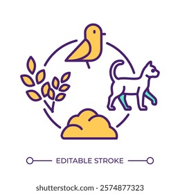 Food chain cycle RGB color icon. Plants, soil, bird and mammal. Producers, consumers and decomposers. Energy and nutrients. Isolated vector illustration. Simple filled line drawing. Editable stroke