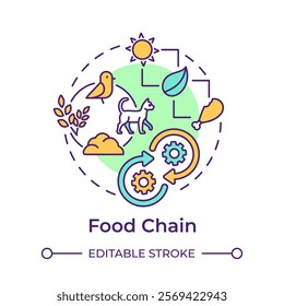 Food chain multi color concept icon. Ecological balance. Flow of energy within ecosystems. Predator and prey. Round shape line illustration. Abstract idea. Graphic design. Easy to use in article