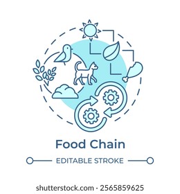 Food chain soft blue concept icon. Ecological balance. Flow of energy within ecosystems. Predator and prey. Round shape line illustration. Abstract idea. Graphic design. Easy to use in article