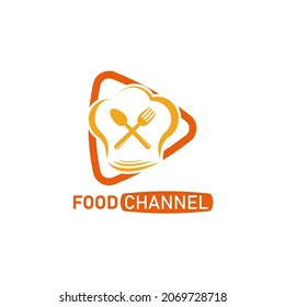 Food Channel Logo. Culinary TV. With a play, chef hat, spoon, and fork icon. Premium and luxury design
