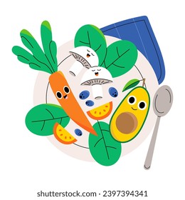 Food characters on a plate. Cute vegetables and herbs. Colorful design for children. Flat vector illustration.