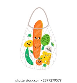 Food characters in string bag. Fruits, vegetables and herbs in eco friendly bag. Colorful design for children. Flat vector illustration.