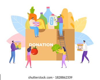 Food charity community, volunteer donate product, vector illustration. Woman man help by assistance, donation and aid concept. Social care about people, volunteering support giving to box.