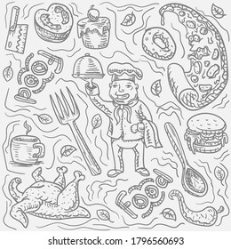 Food chef character hand drawn Doodle on white isolated background. Vector image eps 10