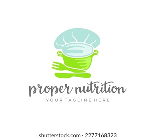 Food, chef hat, saucepan, fork and knife, logo design. Meal, catering, canteen, cooking and grocery, vector design and illustration