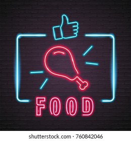Food Chicken Leg Symbol and Like Icon Neon Light Glowing Graphic Vector Illustration