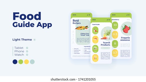 Food choice app cartoon smartphone interface vector templates set. Mobile app screen page day mode design. Best recipes, nutritious dishes. UI for application. Phone display with flat objects