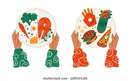 Food choice. Cartoon hands hold plates with healthy and junk meal. Organic products vs burgers and pizza. French fries. Fish and vegetables. Nutrition decision. Garish