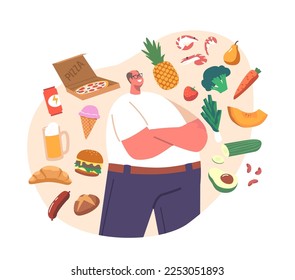 Food Choice Concept with Fat Overweight Male Characters Choose between Healthy and Unhealthy Meals. Man Choose Fastfood or Healthy Nutrients for Eating. Cartoon People Vector Illustration