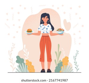 Food choice concept. Girl stands with two plates. Character decides whether to eat burger or vegetable salad. Health care versus junk food, vegetarianism vs meat. Cartoon flat vector illustration