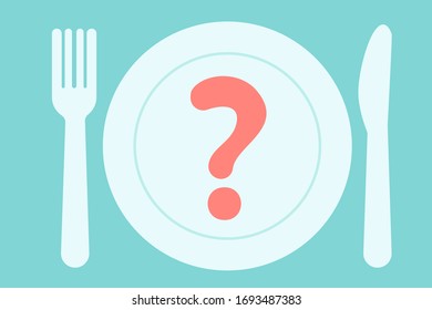 Food Choice Concept. Plate with red question, knife and fork. Flat design. Vector illustration