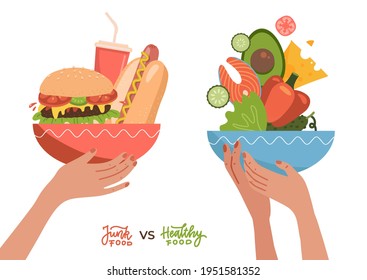 Food choice concept. Two hands with healthy and fresh vegetables, fish, cheees and junk unhealthy fast food. Concept diet - plate with organic meal versus fast food plate with burger, hotdog and soda