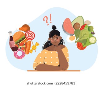 Food choice concept. Young girl compares fast food and natural and organic products. Vegetarian diet and proper nutrition. Active lifestyle and fitness metaphor. Cartoon flat vector illustration