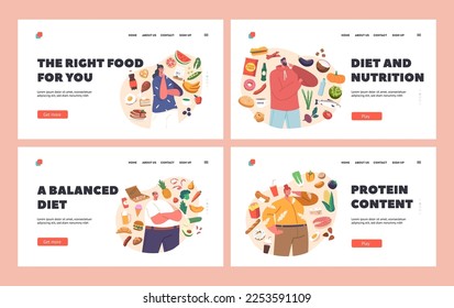 Food Choice Landing Page Template Set. Male Female Characters Choose between Healthy and Unhealthy Meals. Man or Woman Products Eating Priorities Isolated Elements. Cartoon People Vector Illustration