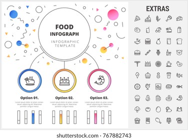 Food circle infographic template, elements and icons. Infograph includes customizable bar charts, line icon set with food ingredients, restaurant meal, fruit and vegetables, snacks, fast food etc.