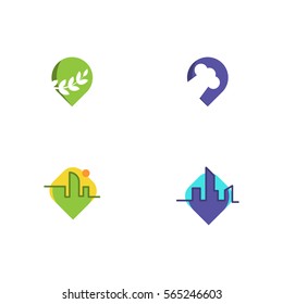 Food And City Pin Location Icon Logo Vector Set Element