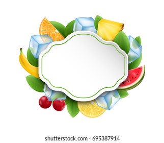 Food Clean Card with Fruits and Berries, Ice Cubes - Illustration Vector