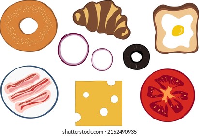 Food clipart vector illustration. Crooissant, Bagel,  Becon, Egg toast, Tomato, Olive, Cheese. Icon set.